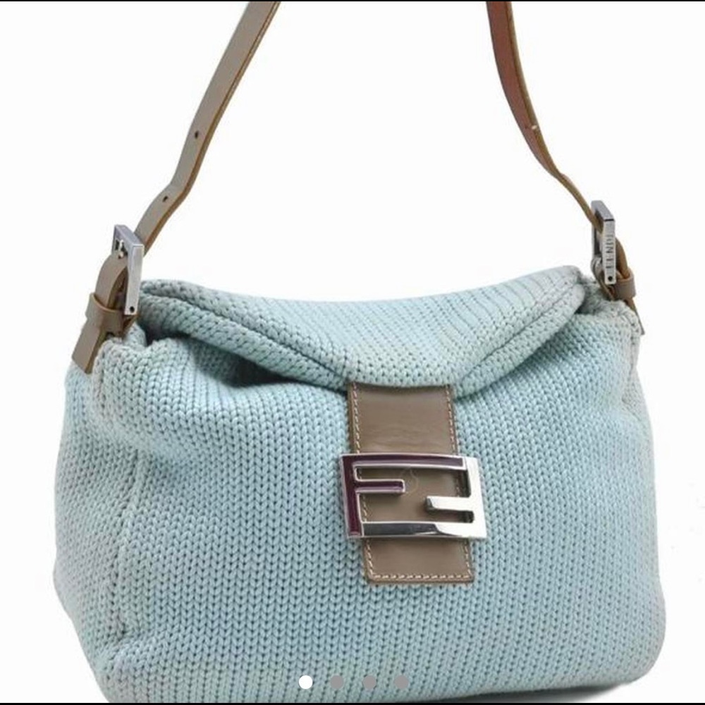Fendi Mamma Baguette Bag, light-blue knit.